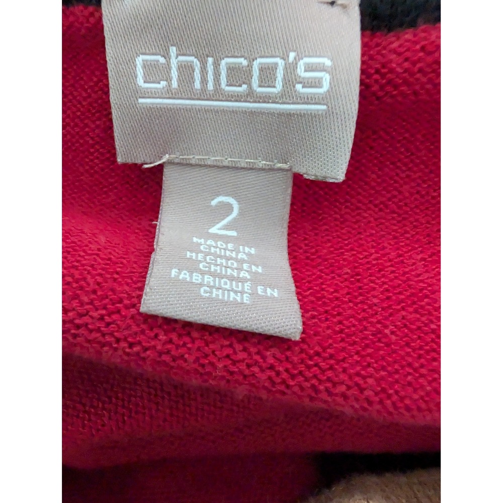 CHICOS Geometric Colorblock Sweater Womens 2 L Black Red Retro Librarian Chic - Picture 3 of 6